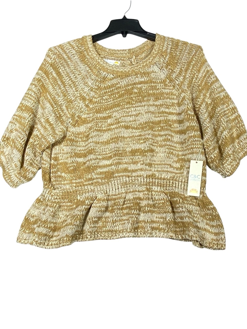 C&C California Marled Knit Peplum Sweater Women's L Tan Cream Crew Neck NWT